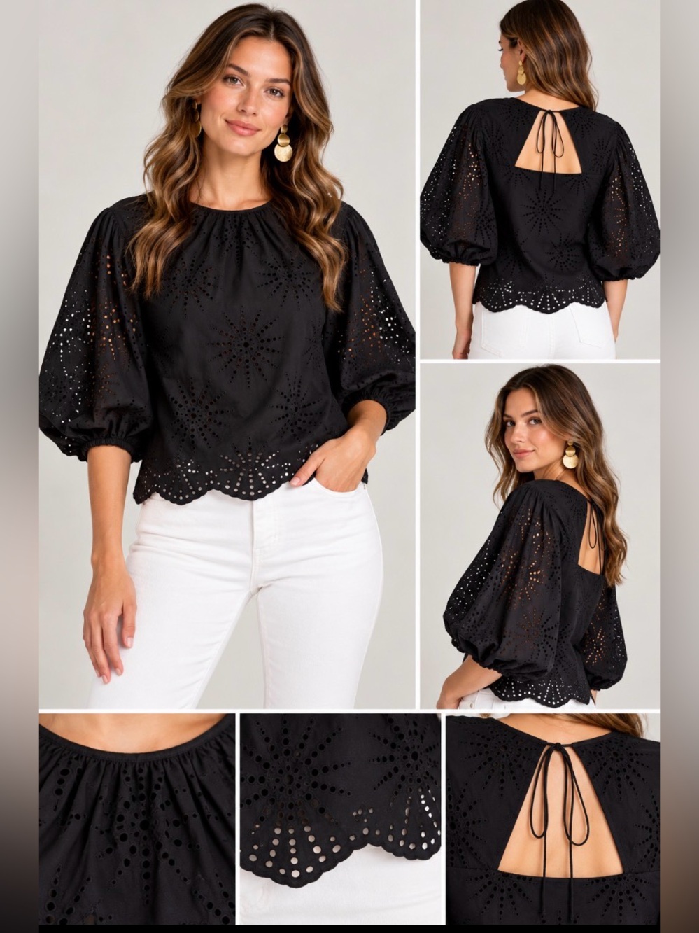 Kate Spade Suns Puff Sleeve Eyelet Top Black Scalloped Blouse